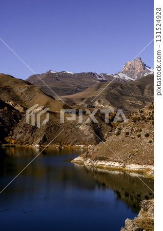 Panorama of autumn mountains with terracotta slopes and a clear lake Panorama of autumn mountains with terracotta slopes and a clear lake 131524928