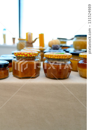 Homemade honey and jam in glass jars Homemade honey and jam in glass jars 131524989