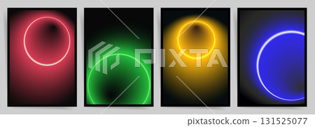 Neon Eclipse Ring Gradient Poster Set. Glowing Circle Halo Covers in Red Green Yellow Blue 131525077