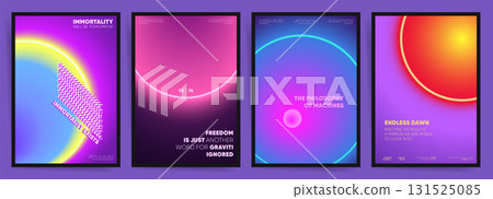 Neon Design. Space orbit gradient neon poster templates with glowing ring eclipse backgrounds and bold headlines for music event flyers covers and banners. Vector decorative illustration. 131525085
