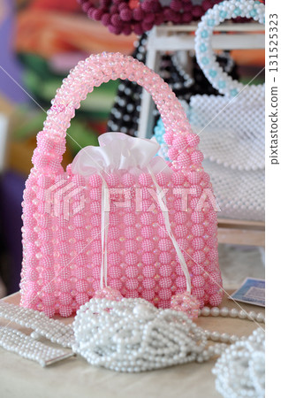 Women's accessory: handmade handbag made of pink mother-of-pearl beads Women's accessory: handmade handbag made of pink mother-of-pearl beads 131525323