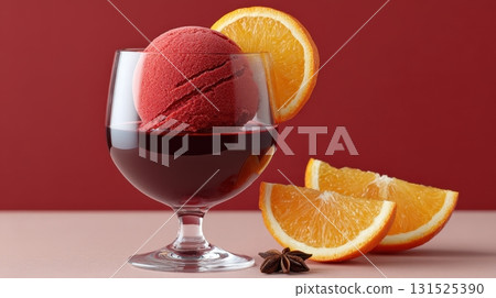 Red sorbet in wine glass with orange slice and star anise Red sorbet in wine glass with orange slice and star anise 131525390