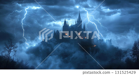 Gothic Castle Amidst Mist and Lightning Castle of Storms Gothic Majesty 131525429