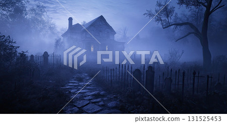 Haunted House in Foggy Graveyard at Night Ominous Shadows Eerie Fog and Spooky Atmosphere Haunted House in Foggy Graveyard at Night Ominous Shadows Eerie Fog and Spooky Atmosphere 131525453