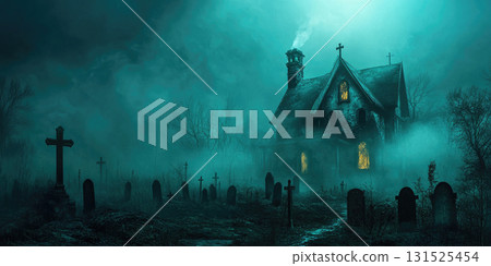 Haunted House in Foggy Graveyard at Night Ominous Shadows Eerie Fog and Spooky Atmosphere 131525454