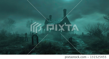 Haunted House in Foggy Graveyard at Night Ominous Shadows Eerie Fog and Spooky Atmosphere Haunted House in Foggy Graveyard at Night Ominous Shadows Eerie Fog and Spooky Atmosphere 131525455