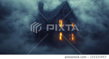 Haunted House with Fog and Eerie Glowing Windows Surrounded by Darkness and Mysterious Atmosphere 131525457