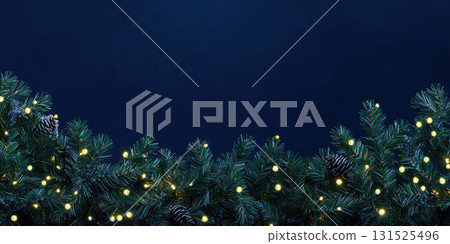 Holiday Illumination and Decoration Concept with Christmas Garland and Bokeh Lights Over Dark Blue Background Holiday Illumination and Decoration Concept with Christmas Garland and Bokeh Lights Over Dark Blue Background 131525496