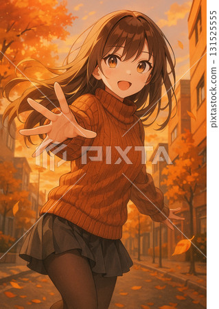 圖：一位微笑的高中女生穿著橘色毛衣，跑過秋天的小鎮，周圍是落葉 131525555