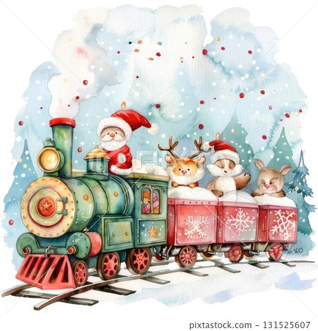 Colorful illustration of a festive train with animals wearing Santa hats in a snowy landscape 131525607