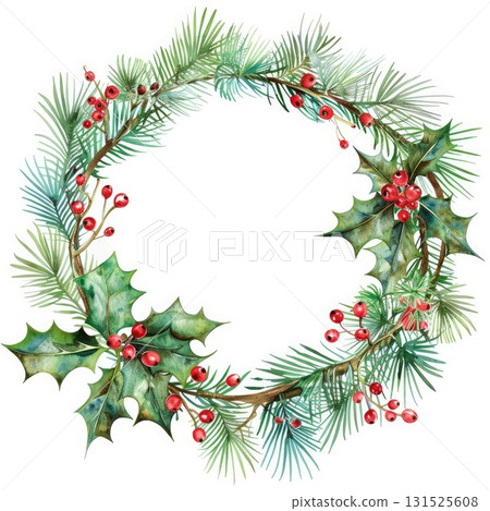Festive watercolor illustration of a circular wreath adorned with holly and pine branches 131525608