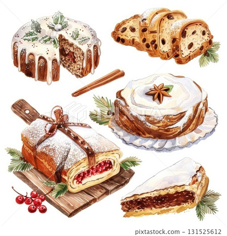 Festive dessert illustration featuring various cakes and pastries with holiday decorations and textures Festive dessert illustration featuring various cakes and pastries with holiday decorations and textures 131525612