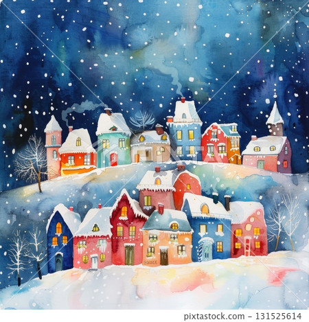 Colorful winter village scene with snow-covered houses and starry night sky illustration 131525614