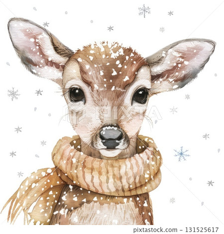 Adorable deer illustration wearing a cozy scarf surrounded by falling snowflakes in winter scene Adorable deer illustration wearing a cozy scarf surrounded by falling snowflakes in winter scene 131525617