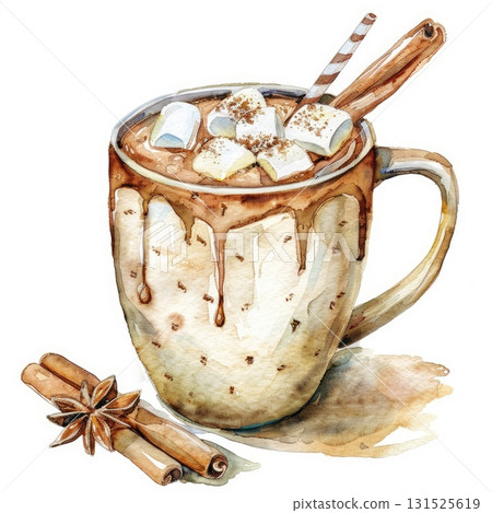 Warm cocoa beverage in a ceramic mug with marshmallows and cinnamon sticks for cozy moments Warm cocoa beverage in a ceramic mug with marshmallows and cinnamon sticks for cozy moments 131525619