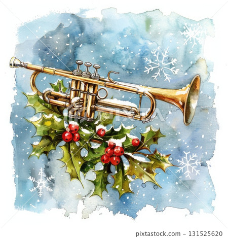 Brass trumpet illustration with holly and snowflakes for festive holiday decoration Brass trumpet illustration with holly and snowflakes for festive holiday decoration 131525620