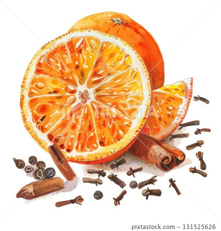 Watercolor illustration of orange slices with cinnamon sticks and cloves on a white background Watercolor illustration of orange slices with cinnamon sticks and cloves on a white background 131525626