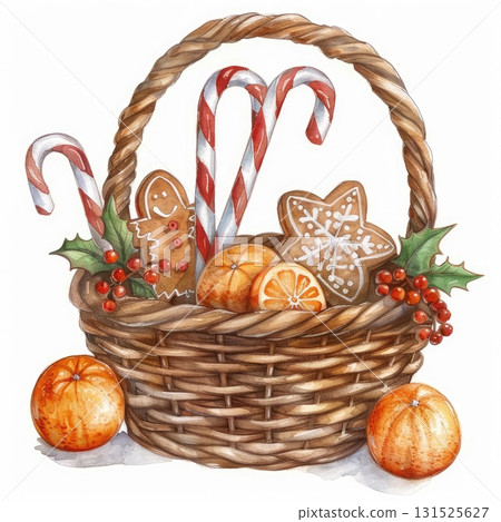 Festive basket filled with gingerbread cookies, candy canes, and oranges for holiday celebrations Festive basket filled with gingerbread cookies, candy canes, and oranges for holiday celebrations 131525627