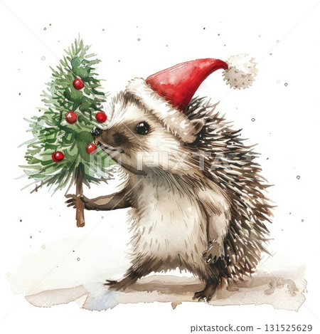 Adorable hedgehog wearing a Santa hat holding a small Christmas tree in a festive illustration Adorable hedgehog wearing a Santa hat holding a small Christmas tree in a festive illustration 131525629