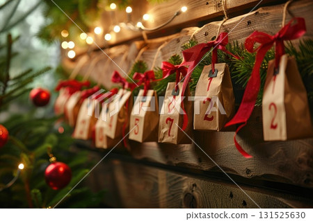 Advent calendar with decorative gift bags hanging on wooden wall adorned with festive lights Advent calendar with decorative gift bags hanging on wooden wall adorned with festive lights 131525630