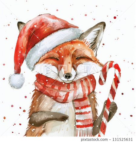 Cute fox wearing a Santa hat and scarf, holding a candy cane in a festive winter scene Cute fox wearing a Santa hat and scarf, holding a candy cane in a festive winter scene 131525631