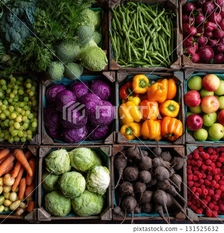 Colorful assortment of fresh vegetables and fruits in wooden crates with vibrant textures and hues 131525632