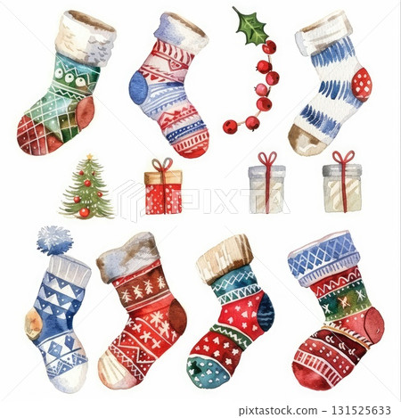 Colorful watercolor illustration of festive Christmas stockings, gifts, holly, and a tree Colorful watercolor illustration of festive Christmas stockings, gifts, holly, and a tree 131525633
