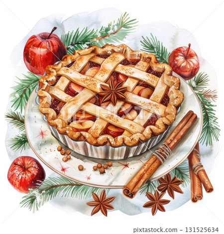 Delicious apple pie illustration with cinnamon sticks and festive decorations on a plate Delicious apple pie illustration with cinnamon sticks and festive decorations on a plate 131525634