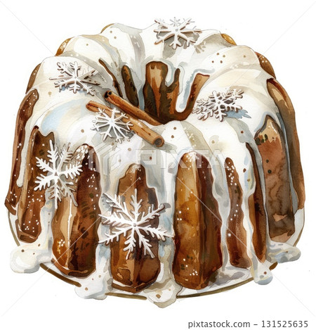 Delicious bundt cake with icing, cinnamon sticks, and snowflake decorations for festive occasions 131525635