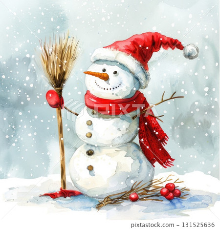 Snowman wearing a red hat and scarf holding a broom in a snowy winter landscape 131525636