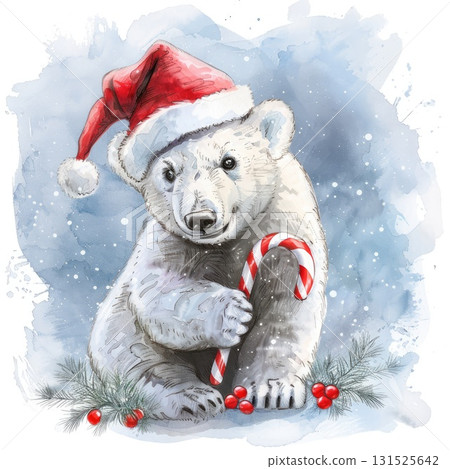 Adorable polar bear wearing a Santa hat holding a candy cane in a festive winter scene 131525642