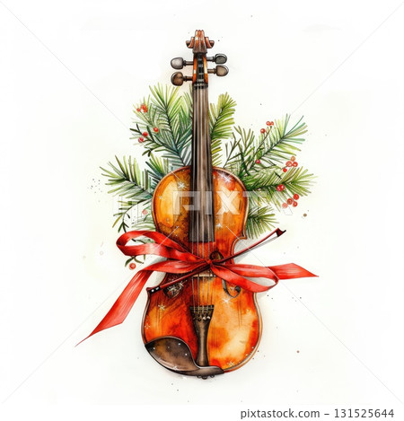 Violin with red ribbon and pine branches, festive holiday decoration for winter celebrations Violin with red ribbon and pine branches, festive holiday decoration for winter celebrations 131525644