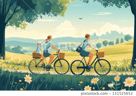 Family riding bicycles through a scenic landscape with lush greenery and vibrant flowers Family riding bicycles through a scenic landscape with lush greenery and vibrant flowers 131525652