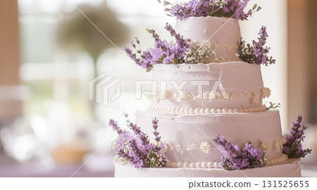 Wedding cake with lavender flowers. Holiday table decoration 131525655