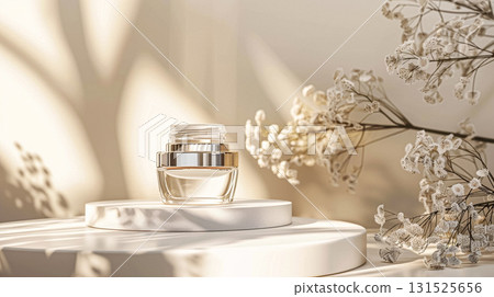 Face cream in a glass jar on white and gold background. Skin care concept. Backdrop for beauty cosmetic products Face cream in a glass jar on white and gold background. Skin care concept. Backdrop for beauty cosmetic products 131525656