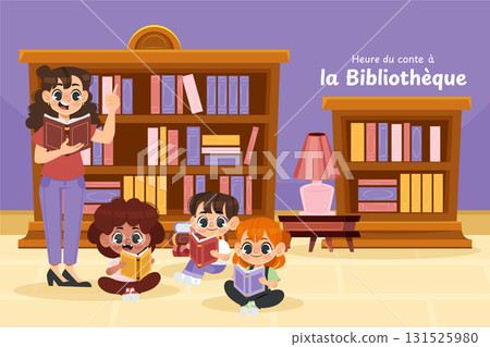 Storytime Reading Session Background with Bookshelves and Characters Storytime Reading Session Background with Bookshelves and Characters 131525980