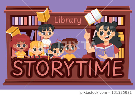 Library Storytime Title Banner with Teacher and Group of Kids 131525981