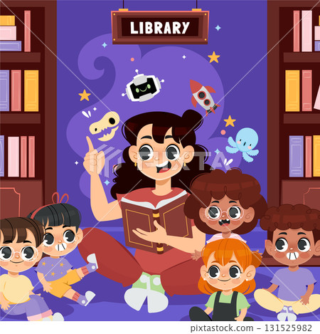 Library Composition with Teacher and Students Enjoying Story Hour 131525982