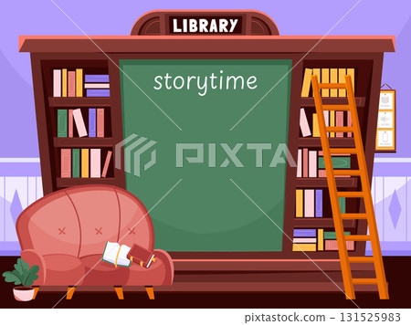 Framed Library Scene with Blackboard and Cozy Reading Environment 131525983