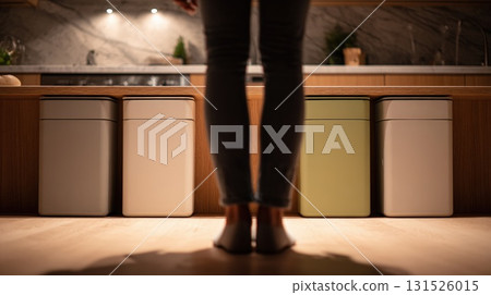 Person Standing At Kitchen Island With Colorful Trash Bins Underneath 131526015