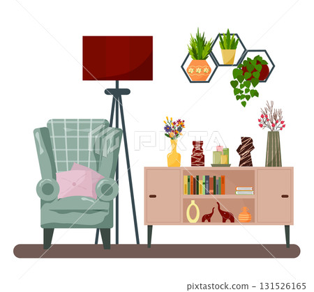 A cozy living room interior with an armchair and a floor lamp. A low cabinet with books, vases of flowers, and home decor items. Shelves with green houseplants. Contemporary design for living. A cozy living room interior with an armchair and a floor lamp. A low cabinet with books, vases of flowers, and home decor items. Shelves with green houseplants. Contemporary design for living. 131526165