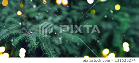 Close-up of green Christmas tree branches with blurred golden lights 131526274