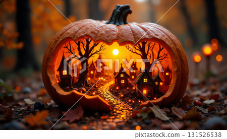 A fantastic Halloween townscape spreads out amongst carved pumpkins A fantastic Halloween townscape spreads out amongst carved pumpkins 131526538
