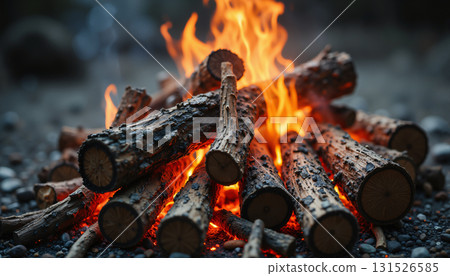 燃燒的木柴和火焰的特寫篝火 131526585