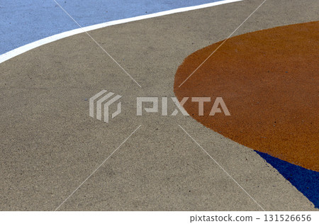 Abstract sports court surface with colorful painted lines and geometric shapes, markings. Orange, 131526656