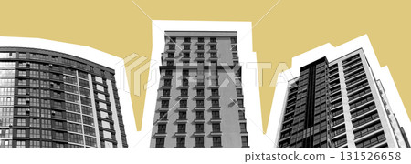 apartment building facade with geometric pattern creating strong contrast. Tall multistory 131526658