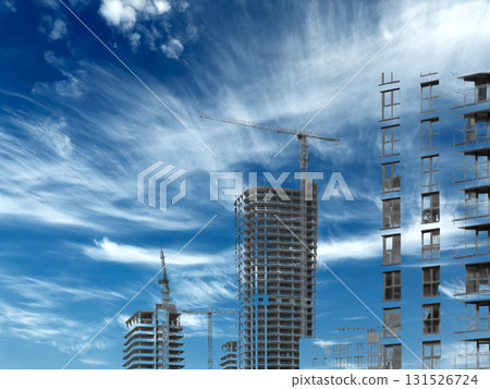 Construction of tall skyscraper tower with steel framework and crane on site under blue sky and 131526724
