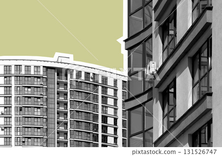 Contemporary multistory residential building with balconies and modern glass facade in developing Contemporary multistory residential building with balconies and modern glass facade in developing 131526747
