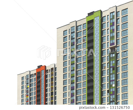 Contemporary tall residential building with balconies and modern facade in developing metropolitan 131526750