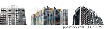 Glass apartment building in tall high rise tower design within modern city. Contemporary multi story 131526756